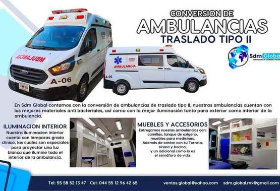 En Sdm Global Mexico Fabricacion conversion equipamiento y venta de Ambulancias de traslado en Mexico, somos fabricantes directos en Mexico. Sdm Global Mexico empresa 100% especializada en la venta fabricación conversión equipamiento de diferentes tipos de ambulancias de traslado y vehículos de emergencia, ofreciendo soluciones personalizadas para diversas necesidades en el mercado nacional.Dedicados a la fabricación de ambulancias y patrullas, ofreciendo servicios relacionados con la seguridad y emergencias, venta de unidades médicas móviles y ambulancias, además de carrocerías industriales,Somos un fabricante mexicano con más de 15 años de experiencia, especializado en la fabricación y comercialización de ambulancias y vehículos de rescate, con un enfoque en la alta calidad y el cumplimiento de normativas mexicanas.Diseñamos y equipamos ambulancias con la tecnología y los materiales necesarios para asegurar funcionalidad y seguridad, cumpliendo con las normativas mexicanas.En Sdm Global Mexico nos dedicamos a la Fabricacion conversion equipamiento y venta de Unidades Moviles Medicas Especiales en Mexico somos fabricantes directos en Mexico.